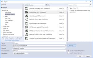 Visual Studio new project window with Console Application (.NET Framework) selected and project named "DIProject" being created.