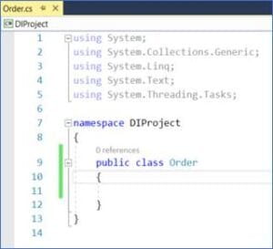 Visual Studio code editor showing creation of a public Order class in the DIProject namespace for managing item orders in C#.