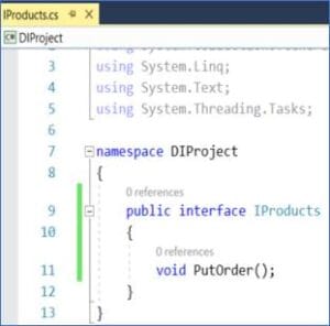 Visual Studio editor displaying the creation of IProducts interface in DIProject namespace with a PutOrder method definition.