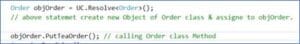 C# code showing Unity container resolving Order object and calling PutTeaOrder method to execute logic from Order class.