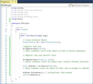 Complete Unity container setup in C# showing object registration, resolution, and method call within the Main method of a console app.