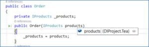 Debug view of Order constructor showing Unity container resolving Tea class and assigning it to _products interface variable in C#.