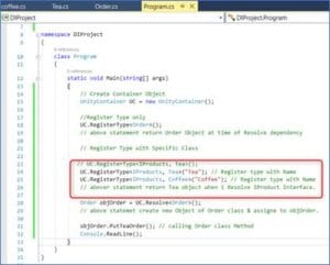 Visual Studio code showing Unity container registering IProducts type with multiple named implementations using Name Binding in C#.