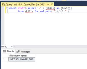 SQL Server query using STUFF and FOR XML PATH to concatenate skills from a table into a single comma-separated string result.