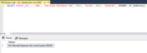 SQL Server query using CONCAT_WS to concatenate address fields with commas, ignoring NULLs, to form a full address string.
