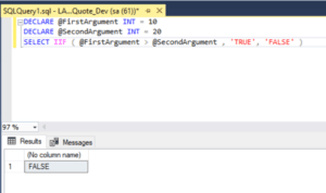 SQL Server query using IIF function to compare two integers and return 'TRUE' or 'FALSE'; result shows 'FALSE' for the given values.