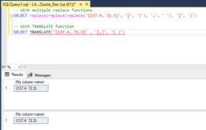 SQL Server query showing how to clean a string using nested REPLACE functions and the simplified TRANSLATE function for the same result.