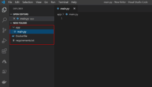 Visual Studio Code workspace showing a Python project with main.py in app folder, Dockerfile, and requirements.txt file.