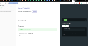 FastAPI ReDoc interface at http://127.0.0.1:8000/redoc showing Read Root endpoint with 200 success response and JSON schema.