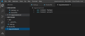requirements.txt file open in Visual Studio Code with pip commands to install FastAPI and Uvicorn for Python API development.