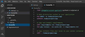 Dockerfile open in Visual Studio Code showing FastAPI app setup using tiangolo/uvicorn-gunicorn with dependencies installation.