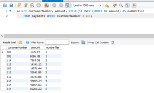 MySQL query using NTILE function to distribute payment amounts into 5 quantile groups for customers with IDs less than 115.