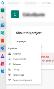 Azure DevOps project interface showing the Pipelines menu expanded with options like Environments, Releases, and Deployment groups.