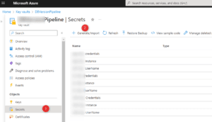 Azure Key Vault Secrets blade showing a list of stored secrets with options to generate, import, refresh, and manage backup settings.