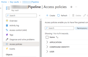 Azure Key Vault access policies page showing a list of configured identities with options to create, refresh, or edit permissions.