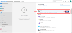 Azure DevOps pipeline template selection screen showing YAML configuration option highlighted with the Apply button on the right.