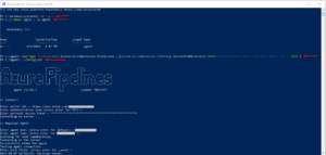 PowerShell interface showing Azure DevOps agent configuration process including command execution and input of server URL and agent name.