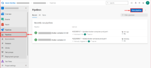 Azure DevOps Pipelines dashboard showing recent CI/CD pipeline runs and option to create a new pipeline in the project.