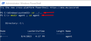 Windows PowerShell showing commands to navigate to C drive and create a new directory named 'agent' for Azure DevOps agent setup.