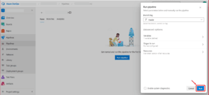 Azure DevOps Run Pipeline panel with branch selection set to master and the "Run" button highlighted to manually trigger the pipeline.