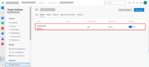 Azure DevOps agent pool interface showing an online self-hosted agent with idle status and agent version 3.224.1 enabled.