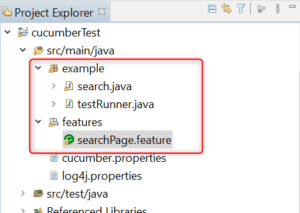 Eclipse project structure showing Maven setup with Java files under example and feature file under features package.