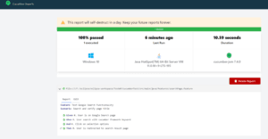 Cucumber test report showing one test executed with 100 percent pass rate, executed on Windows 10 with Java and Cucumber JVM.