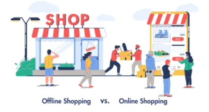 Illustration comparing offline shopping at a physical store with online shopping using a mobile device and digital storefront.