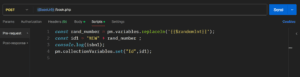 Postman pre-request script setting dynamic ID using random number and saving it as a collection variable for API test automation.