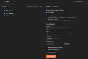 Postman Collection Runner interface with options for manual or automated runs, run configuration, and data file selection.