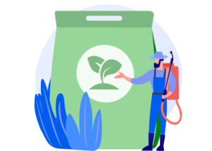 Illustration of a farmer with a backpack sprayer standing beside a large fertilizer bag marked with a plant icon, symbolizing agro-tech.