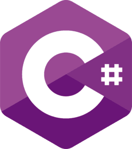 C# programming language logo in purple hexagonal shape with letter 'C' and hash symbol, representing modern object-oriented coding.