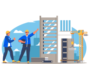 Illustration of two construction professionals discussing a project at a building site with cranes, structures, and blueprints around.