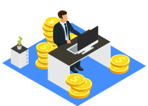 Illustration of a fintech professional working at a desk surrounded by gold coins, symbolizing financial technology and secure solutions.