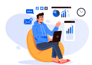 Illustration of a freelancer working on a laptop surrounded by charts, icons, and messages representing the on-demand service industry.