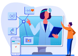 Illustration showing digital healthcare technology with a doctor on screen, patient data, mobile health apps, and medical icons.