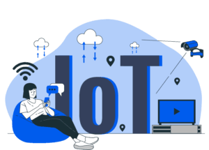 Illustration of a person using a smartphone near large IoT text, with icons of clouds, camera, and devices showing smart home connectivity.