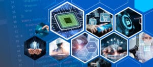 Collage of digital innovation concepts including cybersecurity, AI, e-commerce, chip technology, gig economy, and smart healthcare.