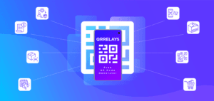 Illustration of QRRELAYS QR code generator with icons showing applications in shopping, logistics, marketing, and automation.