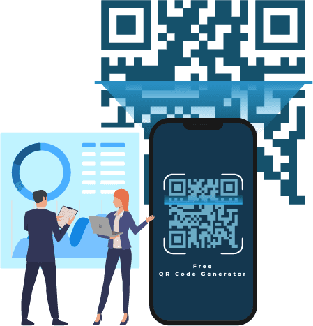 Business professionals analyzing data beside a large smartphone displaying a QR code with a free QR code generator interface.