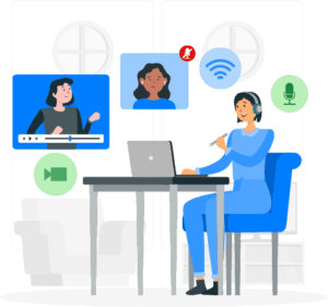 Person using a laptop and headset during a virtual meeting with multiple participants and communication icons around the screen.