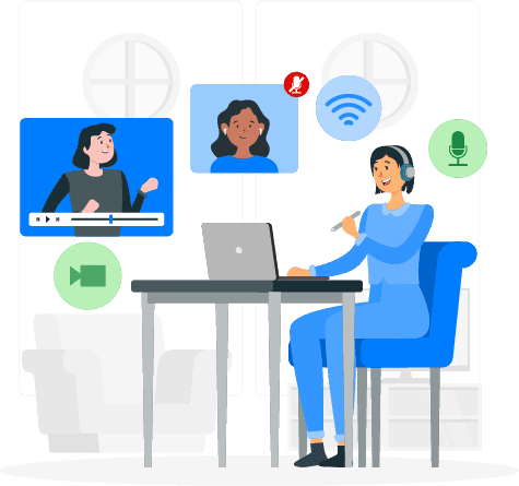 Person using a laptop and headset during a virtual meeting with multiple participants and communication icons around the screen.