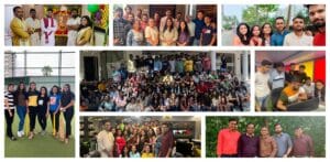 Collage of vibrant workplace moments showcasing team celebrations, outdoor games, meetings, and collaborative office activities.