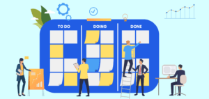 Team collaborating using a digital Kanban board with columns labeled To Do, Doing, and Done to manage project tasks visually.