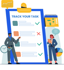 Professionals tracking project progress on a large task checklist clipboard with checkmarks, a calendar, charts, and status icons.