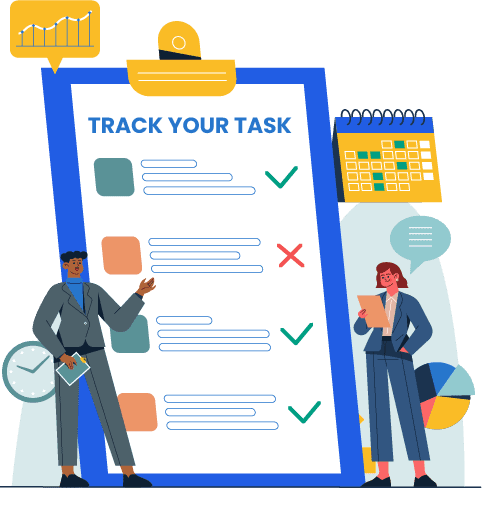 Professionals tracking project progress on a large task checklist clipboard with checkmarks, a calendar, charts, and status icons.