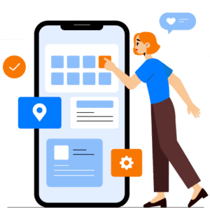 Female developer interacting with mobile UI elements, symbolizing rapid application development with continuous feedback and fast delivery.