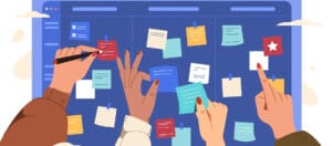 Multiple hands placing and organizing colorful sticky notes on a digital task board interface for planning, teamwork, and scheduling.