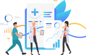 Illustration of doctors and patients interacting with digital medical charts, graphs, and healthcare icons, showcasing health tech solutions.