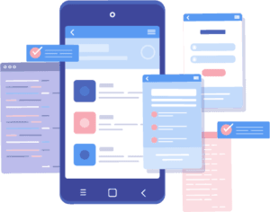 Illustration of a mobile app interface surrounded by multiple UI elements and code windows representing modern app development process.